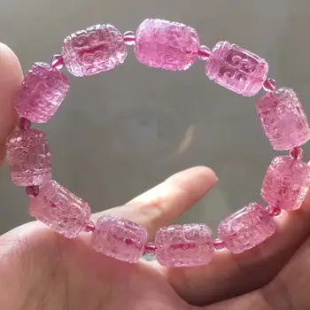 

Certificate Natural Pink Tourmaline Quartz Bracelet 12*16mm Clear Carved Barrel Beads Brazil Women Crystal AAAAAA