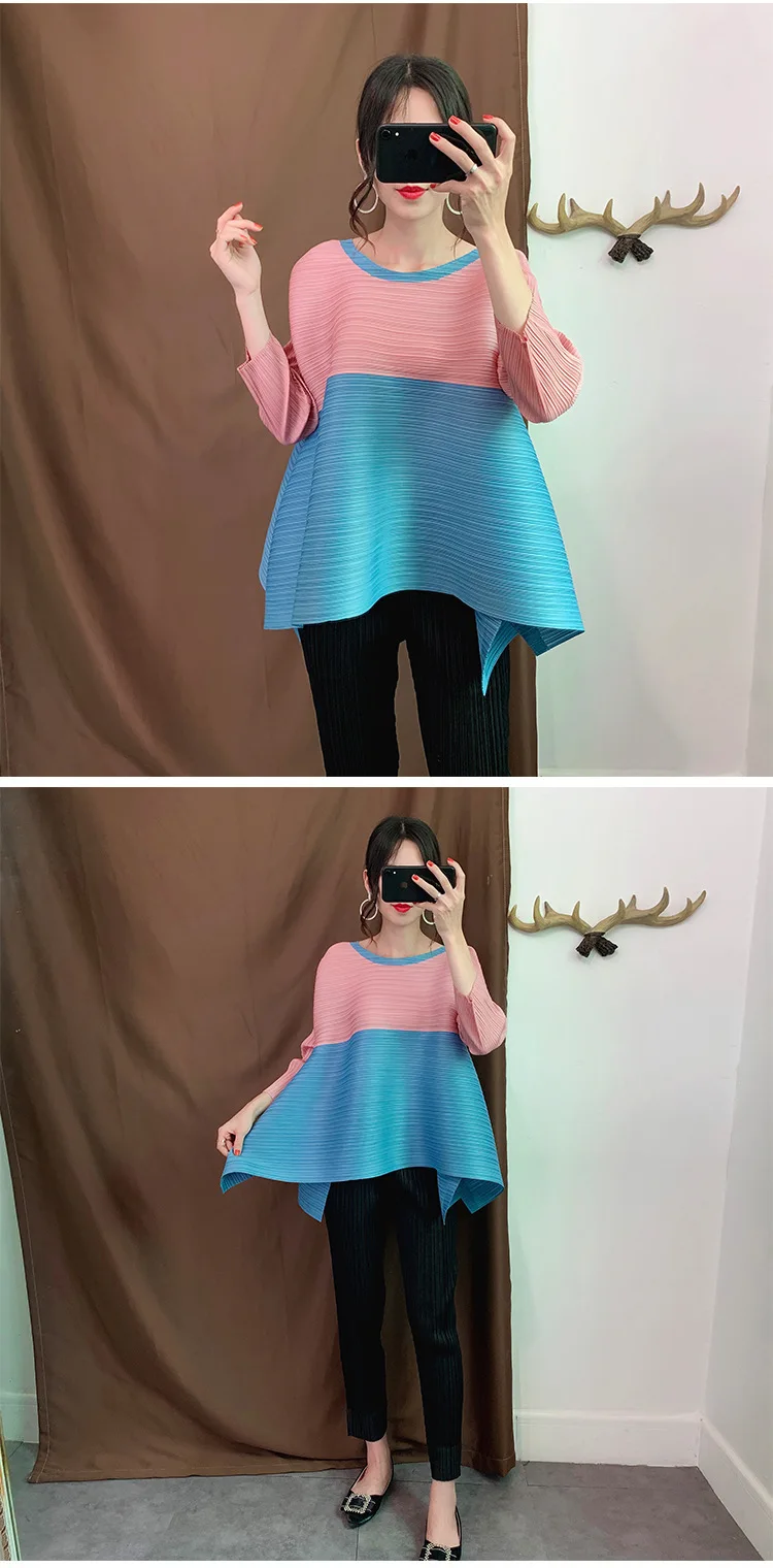 Miyake fold A-line T-shirt design summer European station fashion loose large size women's irregular tops free shipping