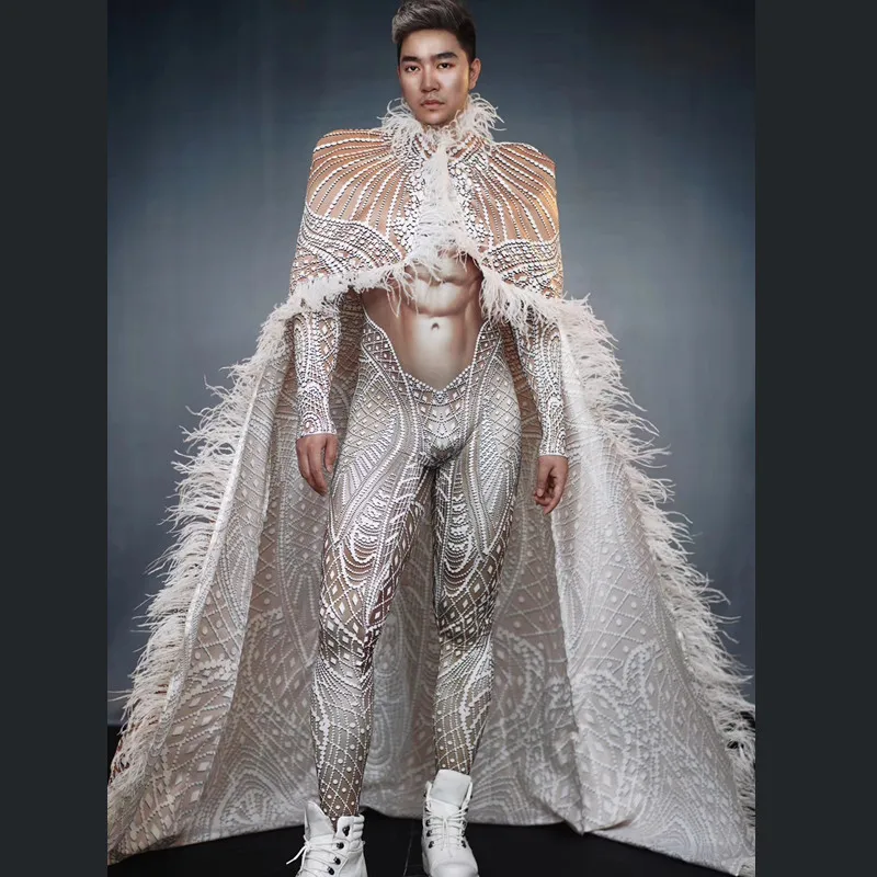 Женские и мужские модные Обтягивающие Комбинезоны с принтом перьев и большой шалью для ночного клуба, сценические вечерние костюмы, забавная одежда