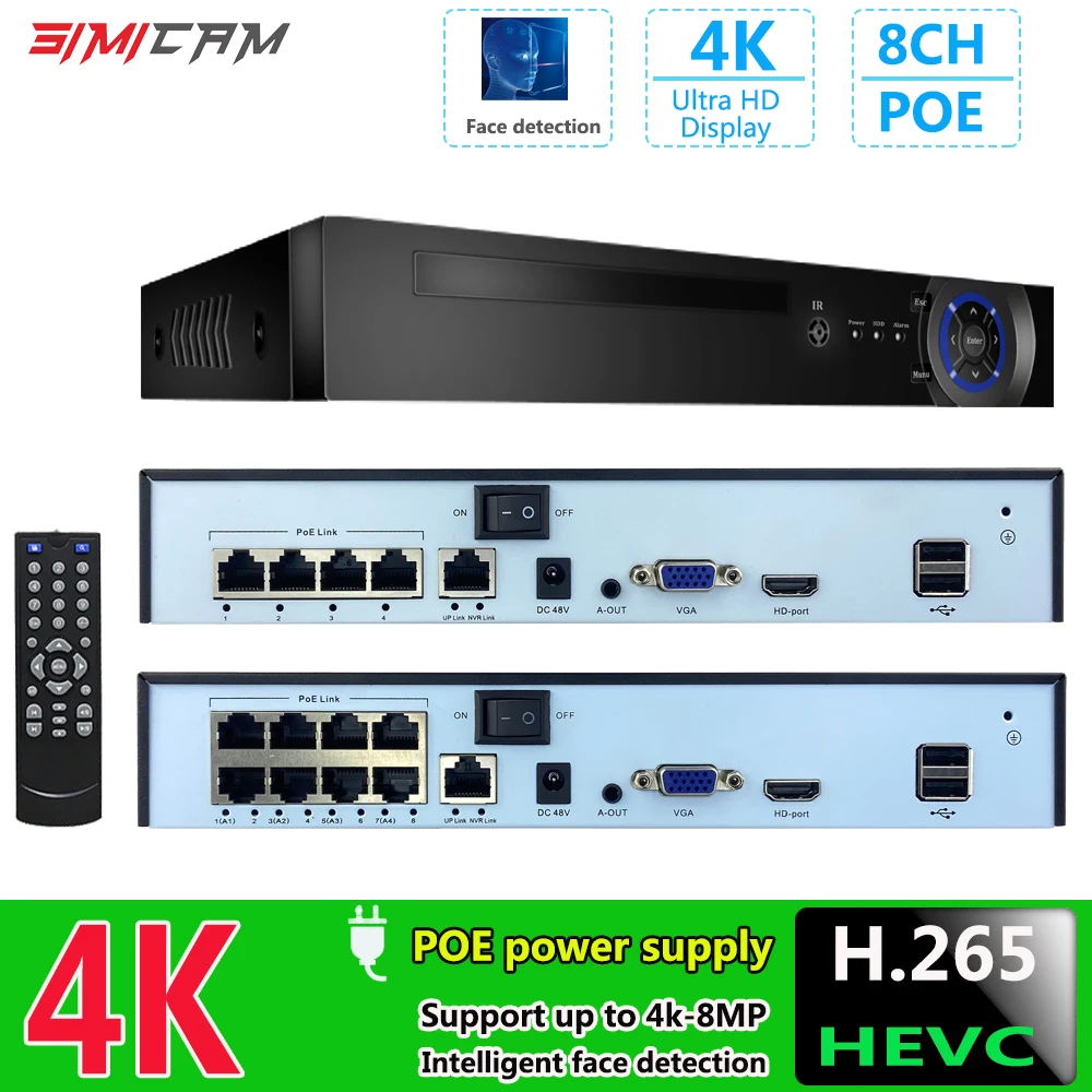 Sistema de grabación de vídeo en red, cámara de vigilancia de seguridad, 4K, H.265, 8 canales, 4 canales, POE, NVR, 1080P, 4MP, 5MP, 8MP, 4K