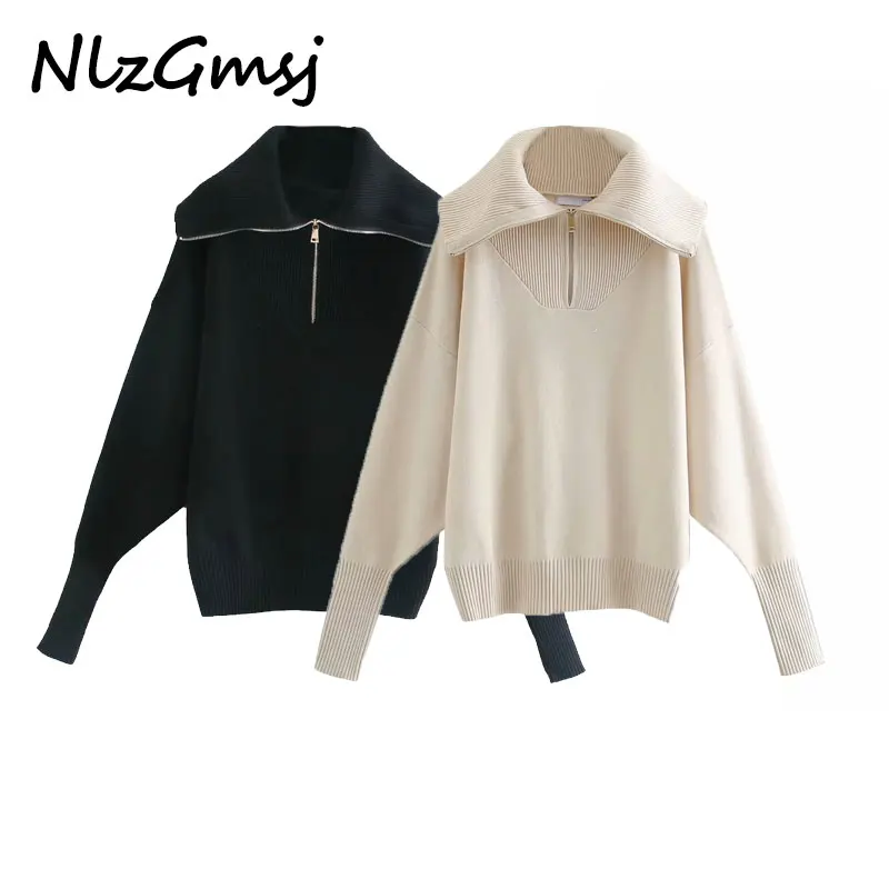 Nlzgmsj Za Women Fashion Ribbed Trim Loose Knitted Zip-up Sweaters Vintage High Collar Long Sleeve Female Pullovers Chic Tops | Женская