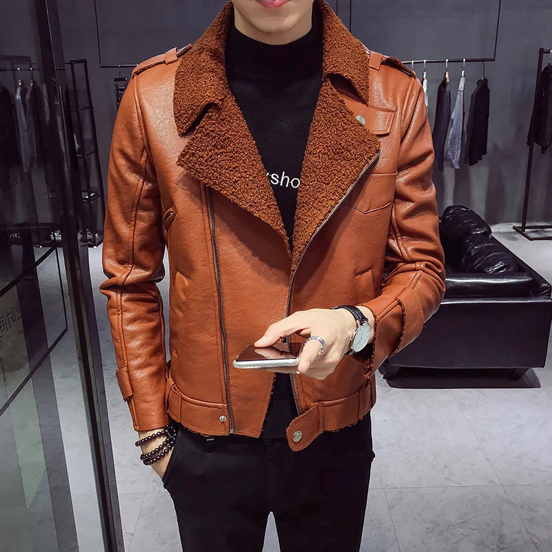 New Winter Mens Jackets Leather Turn Down Collar Mens Leather Clothing Black Korean Mens Coats Leather Bomer Jackets Short