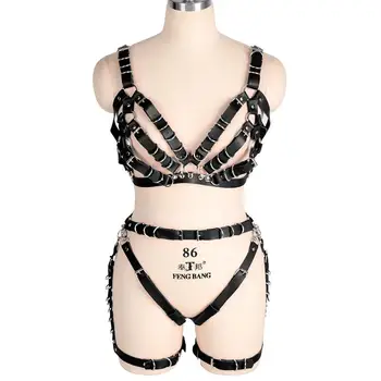 

Black Lingerie Leather Set Harness Bra Punk Top Metal Ring Strap Suspender Hollow Out Adjust Street Fashion Women Garter Belts