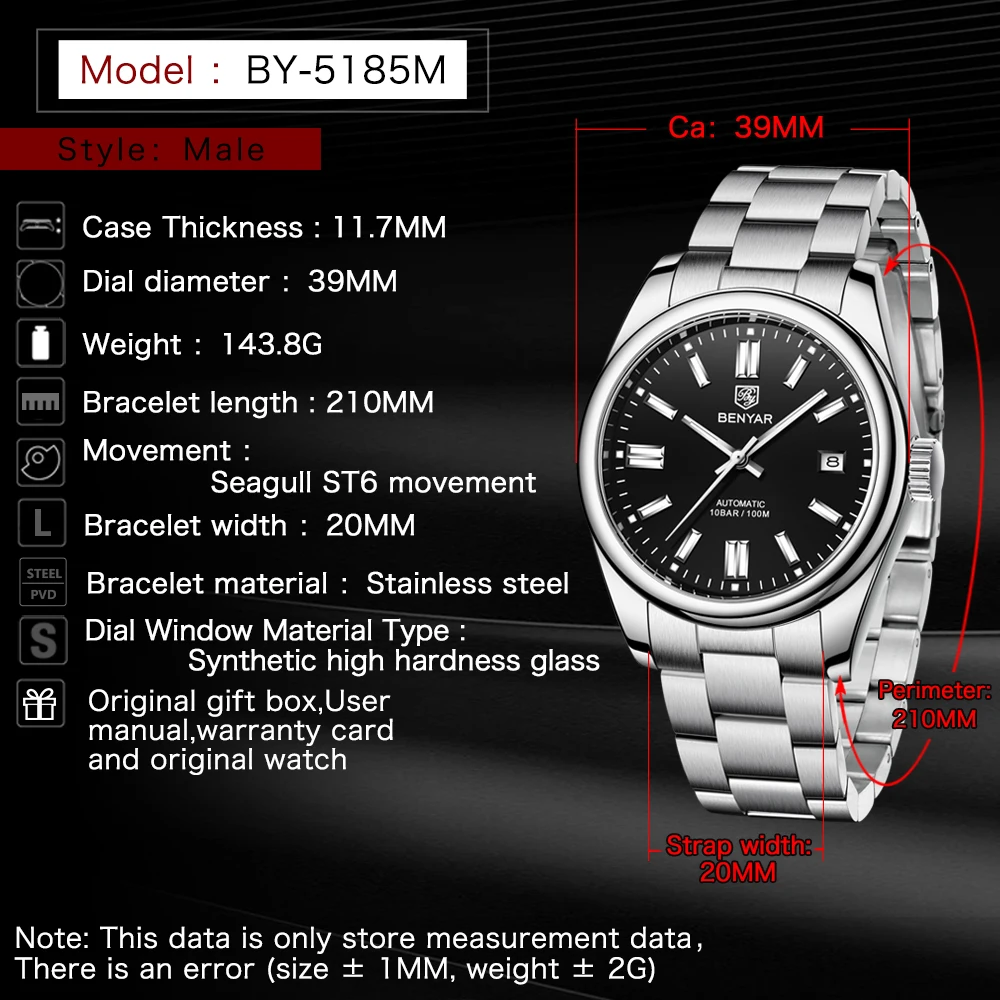 2021 New BENYAR 39MM Men's Watches Mechancial Watch Men Luxury Automatic watch for men Stainless steel Waterproof Clock Man