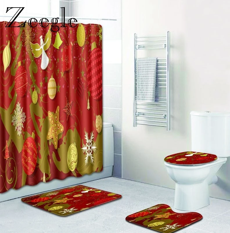 Zeegle Christmas 4pcs Bath Mat Set Shower Curtain Toilet Cover Seat Mat Non-slip Bathroom Doormat Shower Mat Absorption Foot Rug