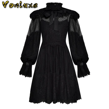 

New Vintage Retro Lantern Long Sleeve Waist High Quality Lace Runway Designer Luxury White Black Mini Short Dresses Female