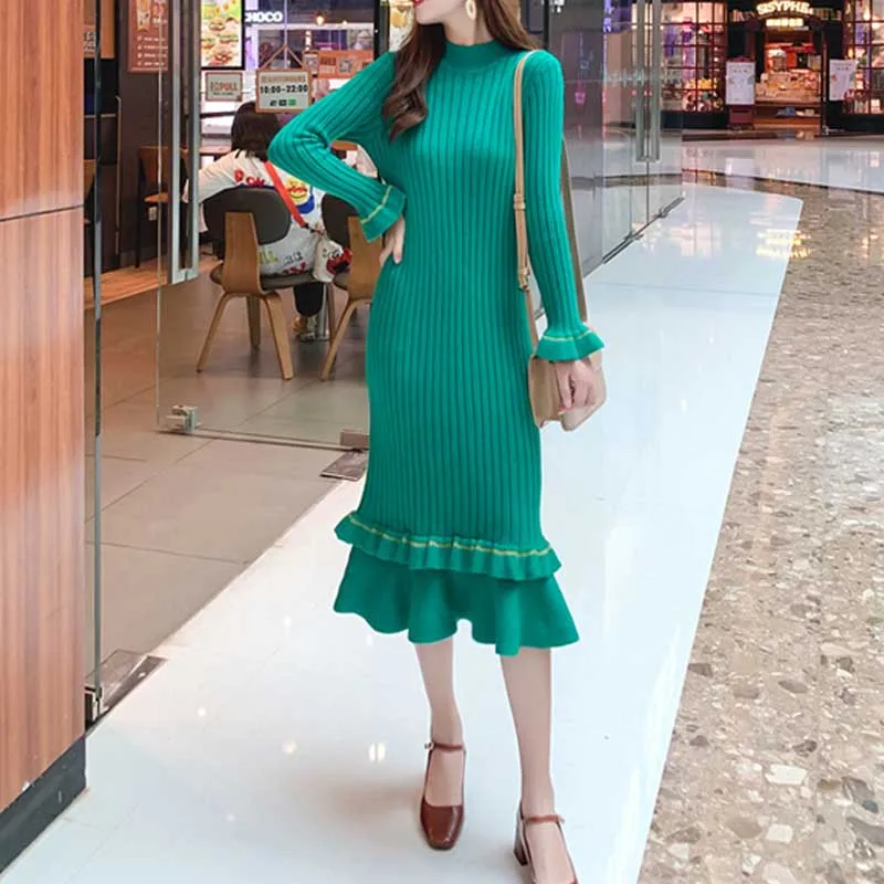 Korean One-Piece Dresses Ladies Elegant Slim Sweater Knitted Dress Autumn Winter 2020 Women Long Sleeve Dress Woman Long Dress
