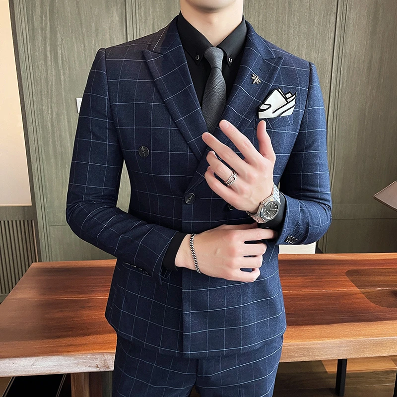 Latest Casual Plaid Men Suit 2021 Slim Fit Double Breasted 3 Pieces Formal Business Men's Set Costume Homme (Blazer+Vest+Pants)