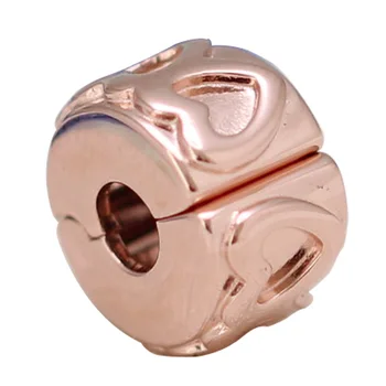 

New 925 Sterling Silver Bead Charm Rose Gold Row Of Linked Hearts Clip Lock Stopper BeadsFit Bracelet Bangle Diy Jewelry
