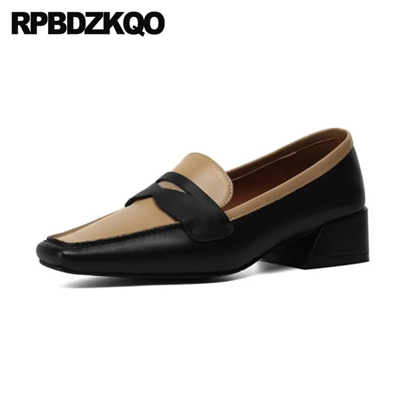 

Black Block 2023 Nude Pumps Women Square Toe Leather Low Heels Size 4 34 Medium Genuine Vintage Shoes Multi Colored European
