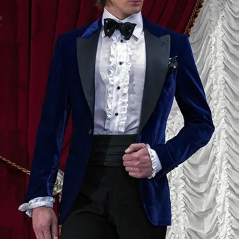 

Royal Blue Velvet Wedding Groomsmen Tuxedos for Groom Men Wear Two Piece Business Party Men Suits Set Jacket Pants