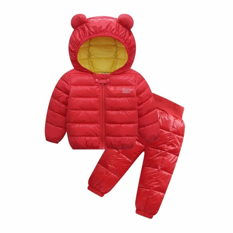 Зимняя теплая одежда для детей комплекты пуховой хлопковой одежды для маленьких детей пальто с капюшоном для мальчиков и девочек+ штаны, комбинезон Рождественский Костюм - Цвет: red