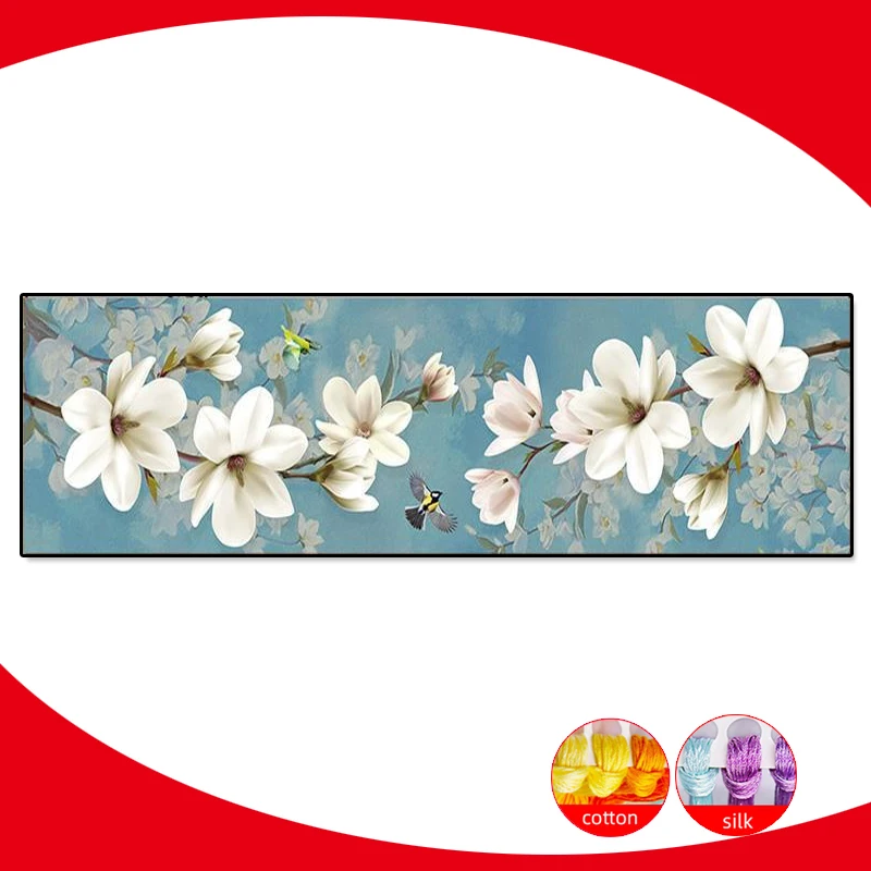 White Magnolia Flower Printed Canvas Cross Stitch Kits 11CT Cotton Thread Embroidery Kit DIY Set Needlework Cross-Stitch Decor cross stitch kit