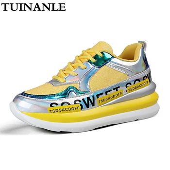 

TUINANLE Women Sneakers Breathable Mesh Gold Platform Ladies Shoes Autumn Knitting Flat Casual Glitter Sequined Chunky Sneakers