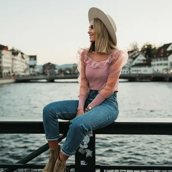 

New Sexy Top Women Transparent Mesh Patchwork Ruffles Princess Sleeve T Shirt Girls Slim Fitness Sun Protection Pink Tops & Tees