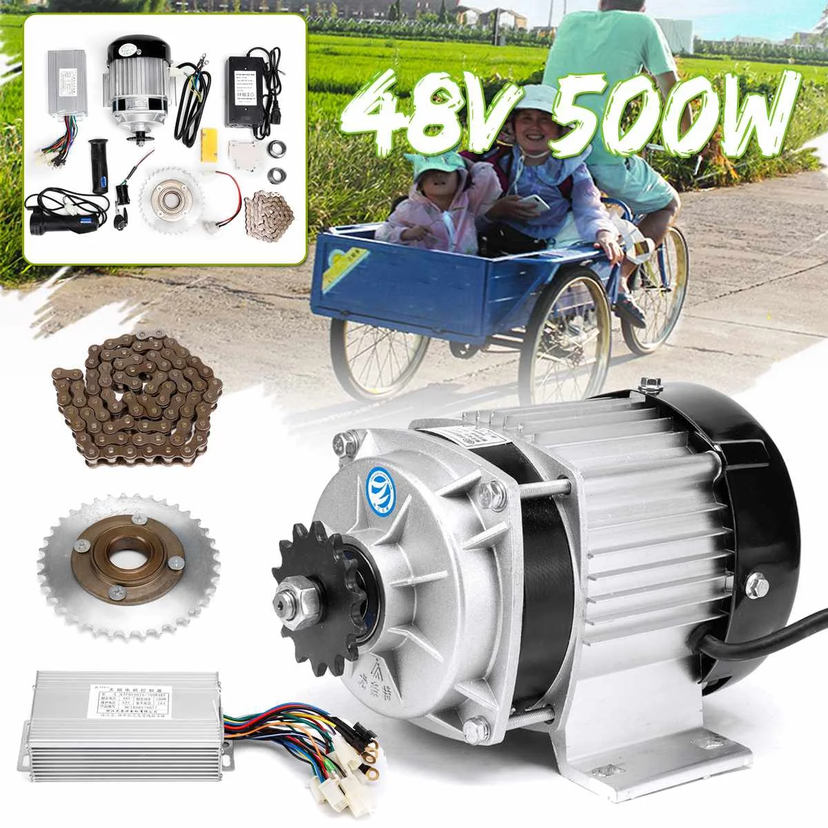 US $170.10 48V 500W DC Motor Engine Electric Bicycle Mid Motor With Motor Controller Flywheel Chain Kit For ETrishaw Go Kart Scooter