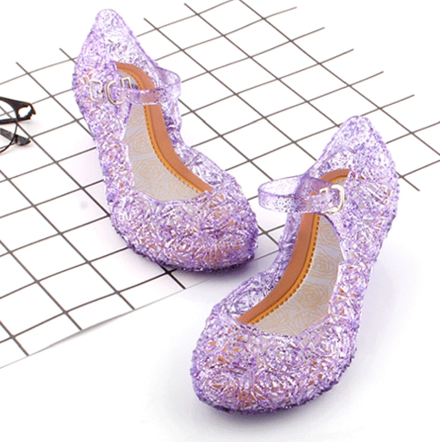 Детские сандалии с кристаллами для девочек; вечерние прозрачные туфли принцессы «Холодное сердце» для костюмированной вечеринки; обувь на высоком каблуке для танцев - Цвет: Фиолетовый