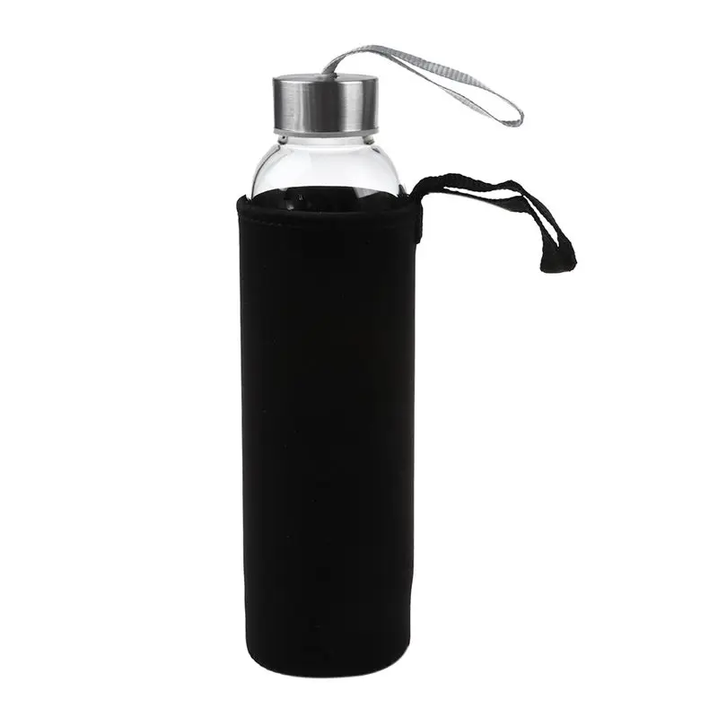 Glass Sport Water Bottle with Tea Filter Infuser Protective Bag 550ml Black