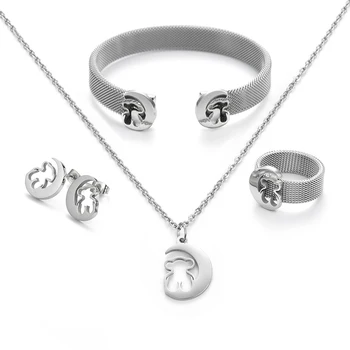 

bear jewlery set earrings ring necklace bracelet Stainless Steel Moon Bear Animal Necklace Party Accessories Mama Bear Gift