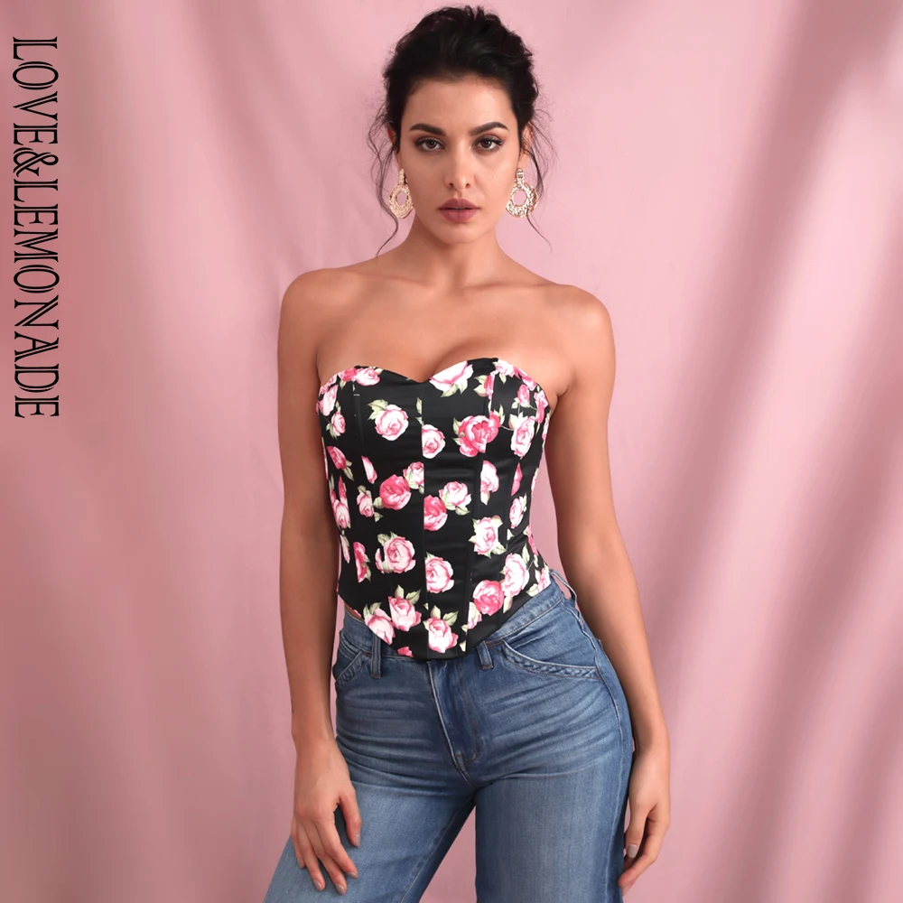 Женский облегающий Топ LOVE & LEMONADE черный топ с цветочным принтом и поддержкой|Топы|