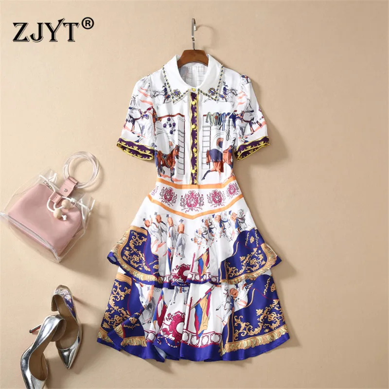 

2020 Designer Summer Style Runway Dress High Quality Women Fashion Short Sleeve Beading Collar Vintage Print Ruffled Dress