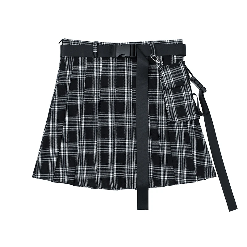 [EAM] High Waist Black Plaid Printed Buckle Temperament Half-body Skirt Women Fashion Tide New Spring Summer 2020 1X535