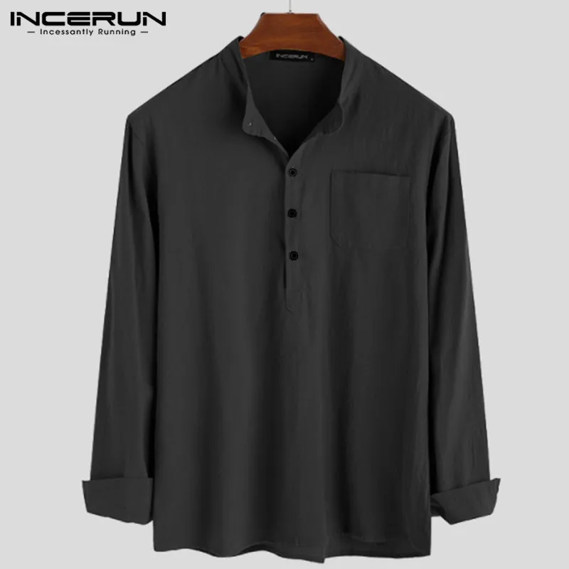 Black Shirt INCERUN Мужская Повседневная рубашка с хлопком, Однотонная рубашка с длинным рукавом, шикарная рубашка Харадзюку, мужская деловая рубашка со стоячим воротником, 7 - Цвет: Black Shirt