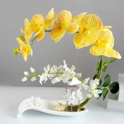 Butterfly Orchid Artificial Flowers Set Fake Flower Ceramic Vase Ornament Phalaenopsis Figurine Home Furnishing Decoration Craft - Цвет: 4