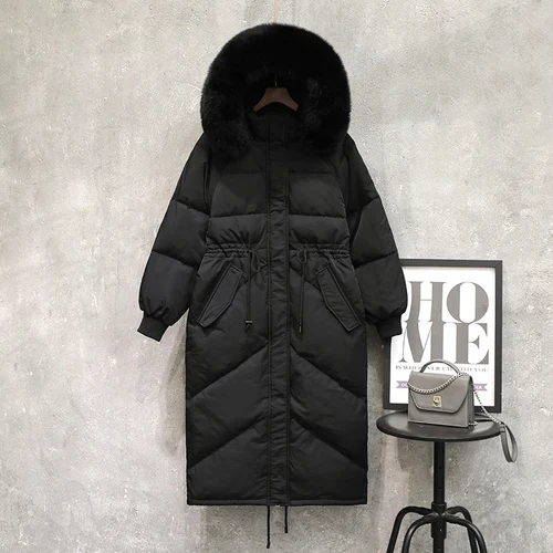 Tcyeek/зимняя женская пуховая куртка с капюшоном из натурального Лисьего меха, плотное теплое пальто на 90% утином пуху, Женская длинная пуховая парка, одежда Hiver LW1612 - Цвет: Black
