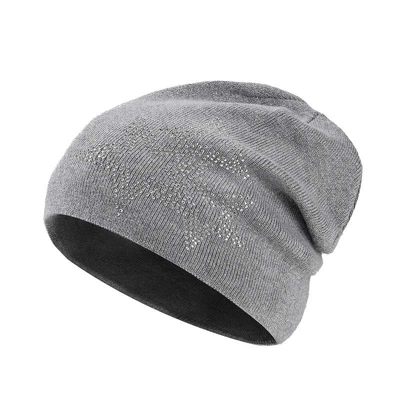 MoneRffi удобная модная украшенная кристаллами Кепка с черепом Gorro осень зима мягкая вязаная шапка бини однотонная шерстяная шапка - Цвет: Gray