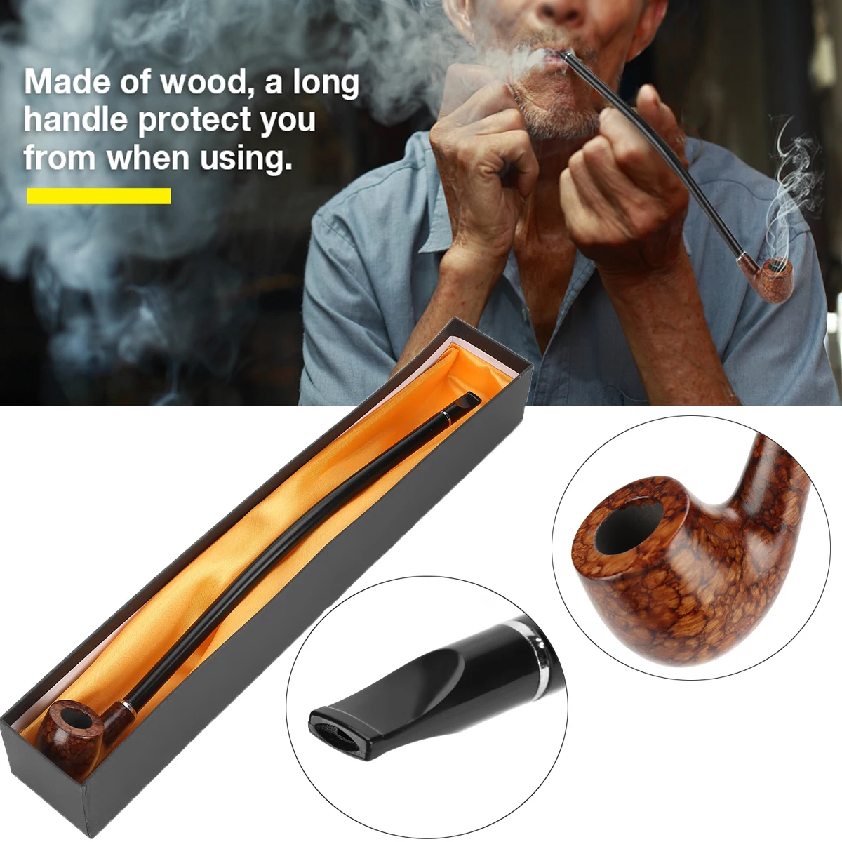 40.5cm / 15.9in Exquisite Long Cigarette Holder Exquisite Long Brown Handle Wooden Tobacco Cigarette Smoke Pipe With Box CF5012