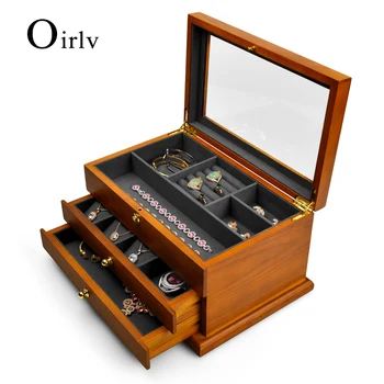 

Oirlv Jewelry Case Wood Ring Necklace Organizer Case 3 layers Jewelry Display Box Bracelet Earring Storage Case Drawer Case