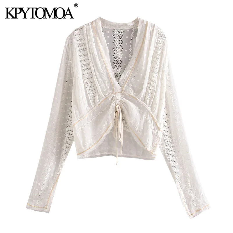 KPYTOMOA Women 2020 Fashion Embroidery Hollow Out Cropped Blouses Vintage Adjustable Waist With Bow Female Shirts Chic Tops KPYTOMOA Women 2020 Fashion Embroidery Hollow Out Cropped Blouses Vintage Adjustable Waist With Bow Female Shirts Chic Tops