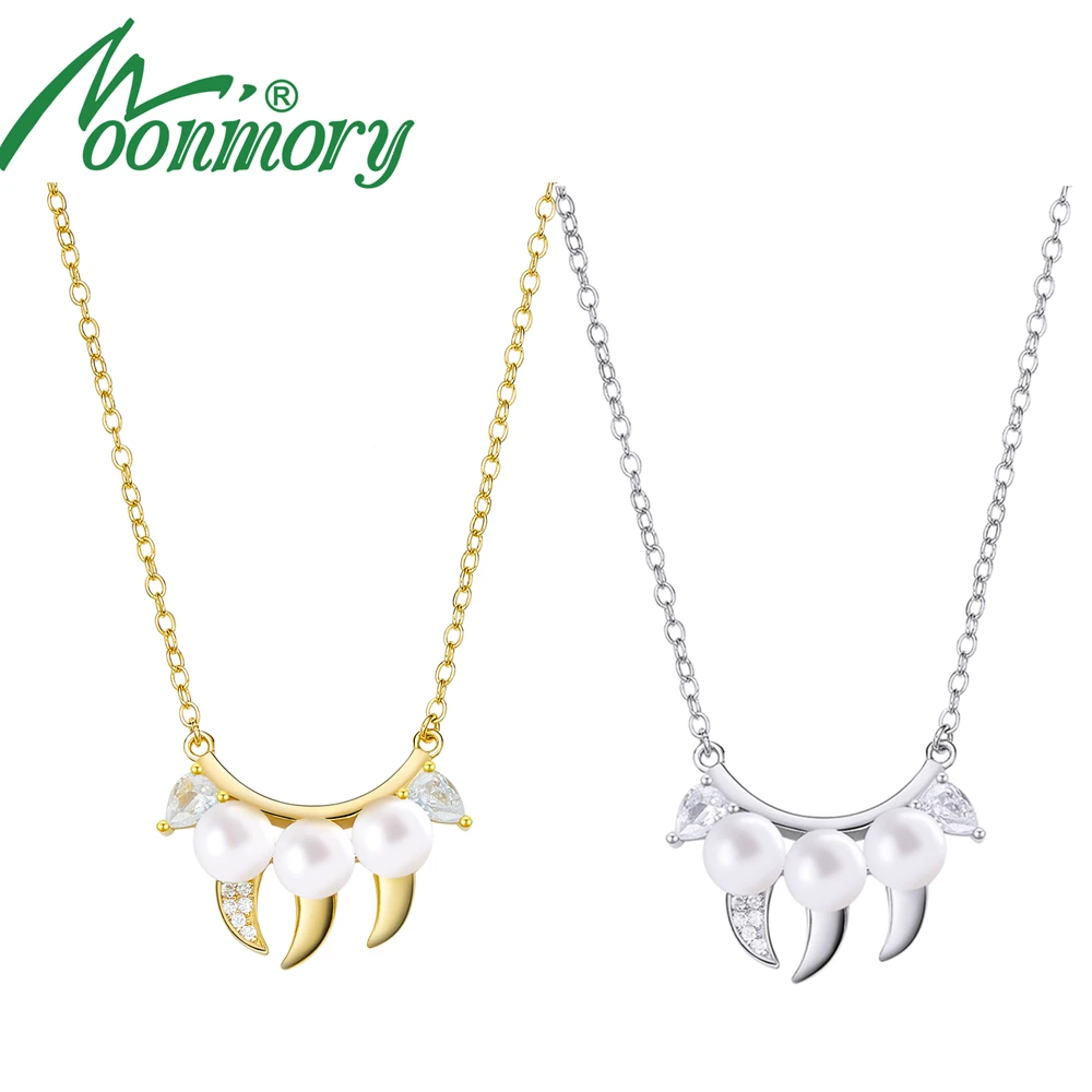 

Moonmory Wholesale 925 Sterling Silver Pearl Danger Fang Pendant Necklace For Women Silver Crystal Horns Choker Christmas Gift