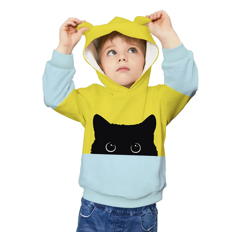 RAISEVERN Cat Print Cat Ear Children Hoodies Unisex Animal Printed Hooded Kids Girls Boys Sweatshirts Jackets Autumn