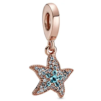 

New 925 Sterling Silver Bead Charm Rose Sparkling Starfish With Icy Blue Crystal Pendant Beads Fit Bracelet Diy Jewelry