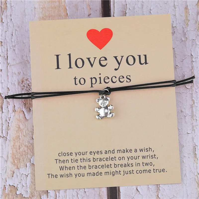 black with card Медвежонок, браслет с шармом, регулируемый, на удачу, красная струна, дружба, браслеты с пожеланиями для влюбленных, женщин, мужчин, детей, ювелирные изделия для пары, браслеты - Окраска металла: black with card