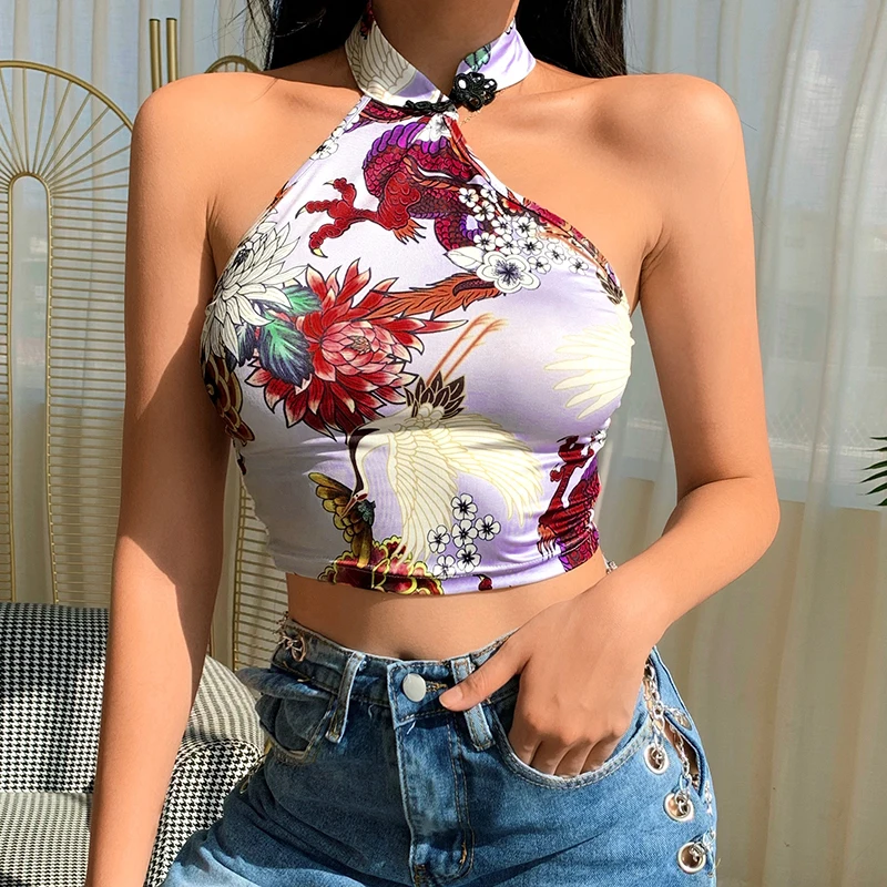 Tシャツ・アパレル Dragon Girl Halter Tank Top Women's Chinese Style Backless Dragon Printed Summer Halter Tank