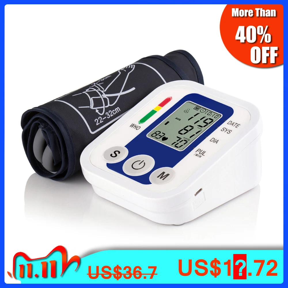 

Electric Upper Arm Blood Pressure Monitor Digital Heart Beat Rate Pulse Meter with Voice Alarm Automatic Home Medical Equipment