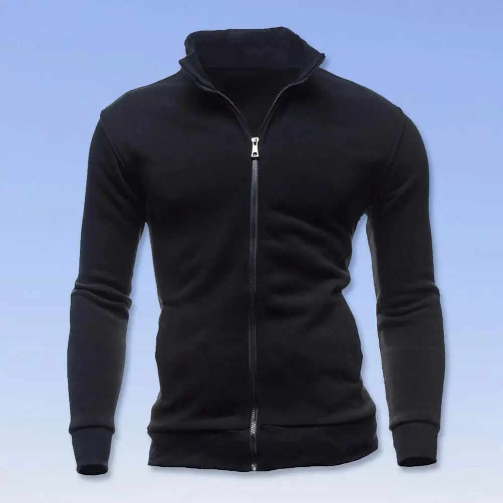 Men Autumn Long-Sleeves Stand Collar Cardigan Zipper solid color Sports Sweatershirt Coat