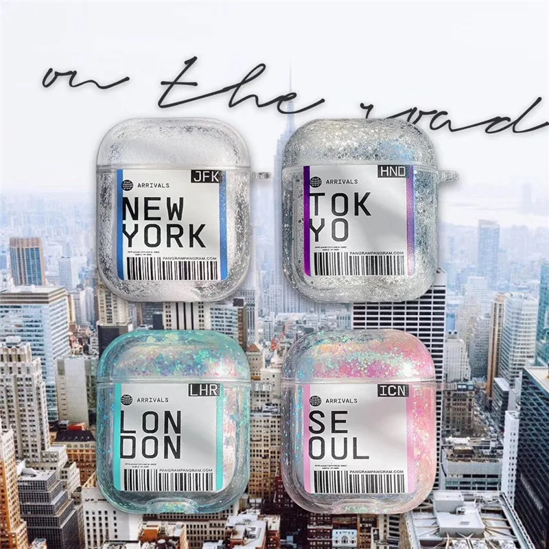 

City label Bar code Liquid Quicksand Case For Airpods Wireless Bluetooth Earphone Case Transparent Headphone Protection Cover F0