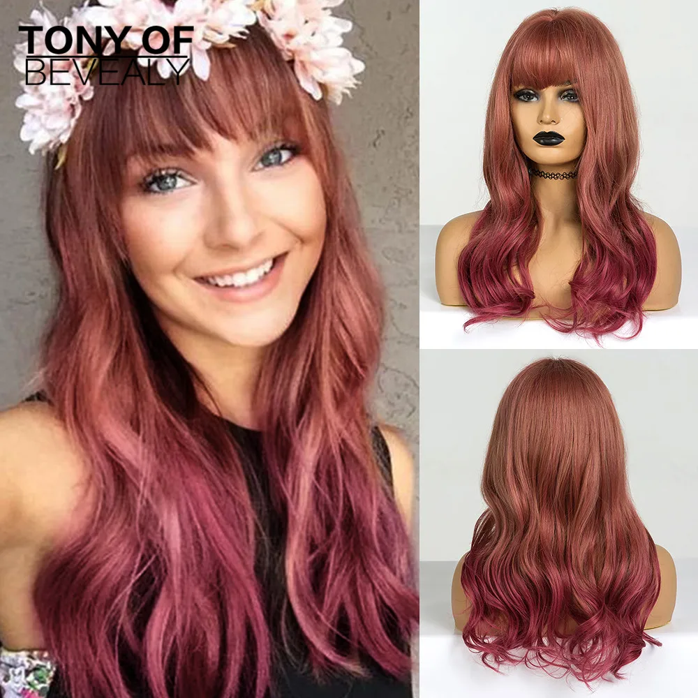 Long Wavy Heat Resistant Synthetic Hair Wigs With Bangs Red Ombre Hair For Women African American Cosplay Natural Hair Wigs