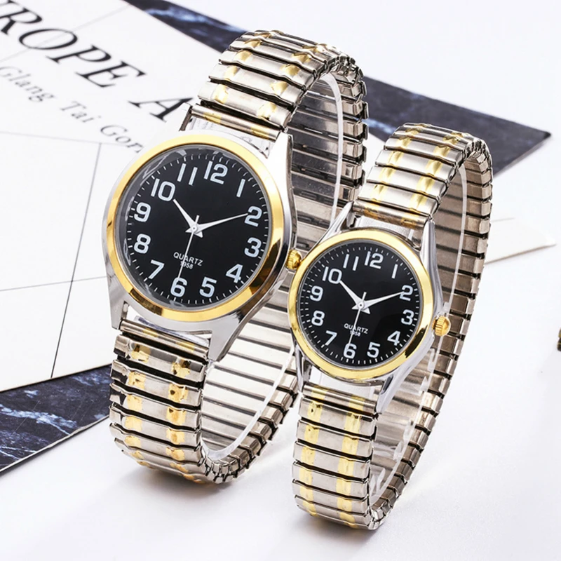 Модные деловые женские мужские эластичные золотые Серебристые Кварцевые черные часы для влюбленных Пара вечерние офисные браслет OL часы подарок