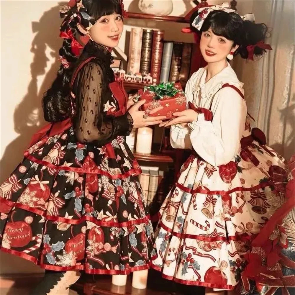 Christmas Girls Bowknot Bell Printing Vintage Princess Dress Lolita Victoria Palace Kawaii Loli Gothic Cosplay Lolita Jsk