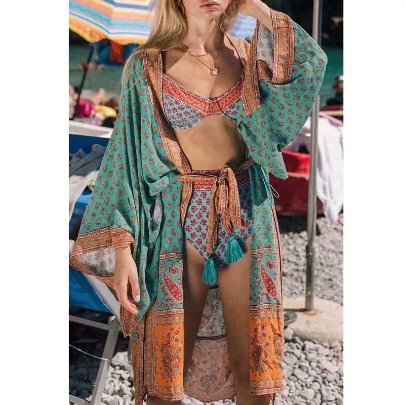 

BOHO INSPIRED 2020 Vintage Floral Print Blue Long Design Kimono blouse batwing Sleeve Cardigan women's shirt Maxi Beach blusas