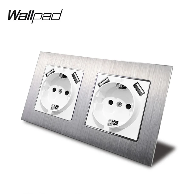 Double EU Schuko Power Socket with Double USB Charging Ports 5.1DC 2.1A For EU Round Box Wallpad 156*86mm EU Outlet with USB 2 Metal Silver White