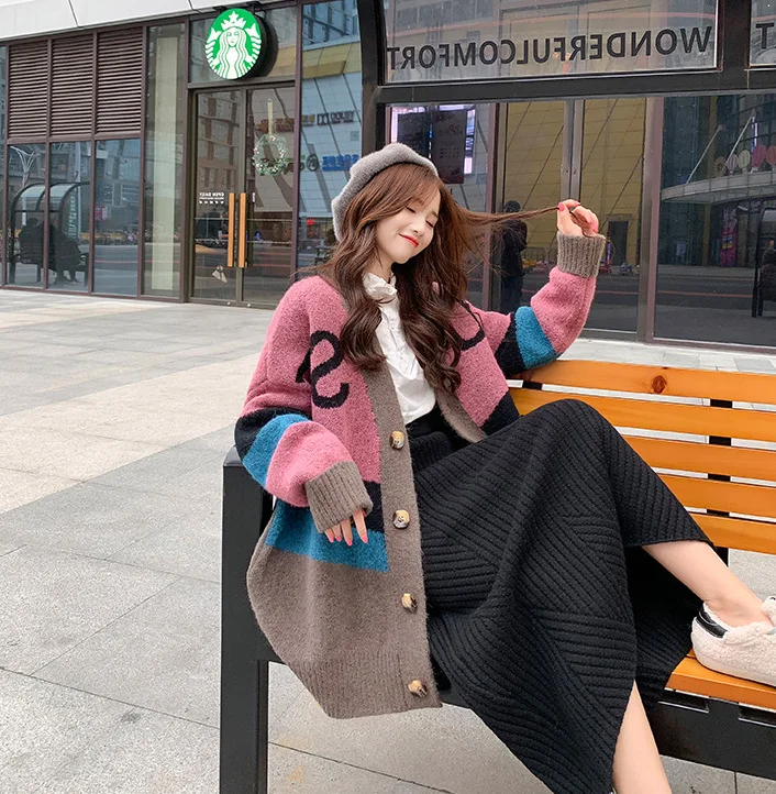 Корейский Dongdaemun женский женский вязаный кардиган с v-образным вырезом и буквенным принтом, длинный кардиган