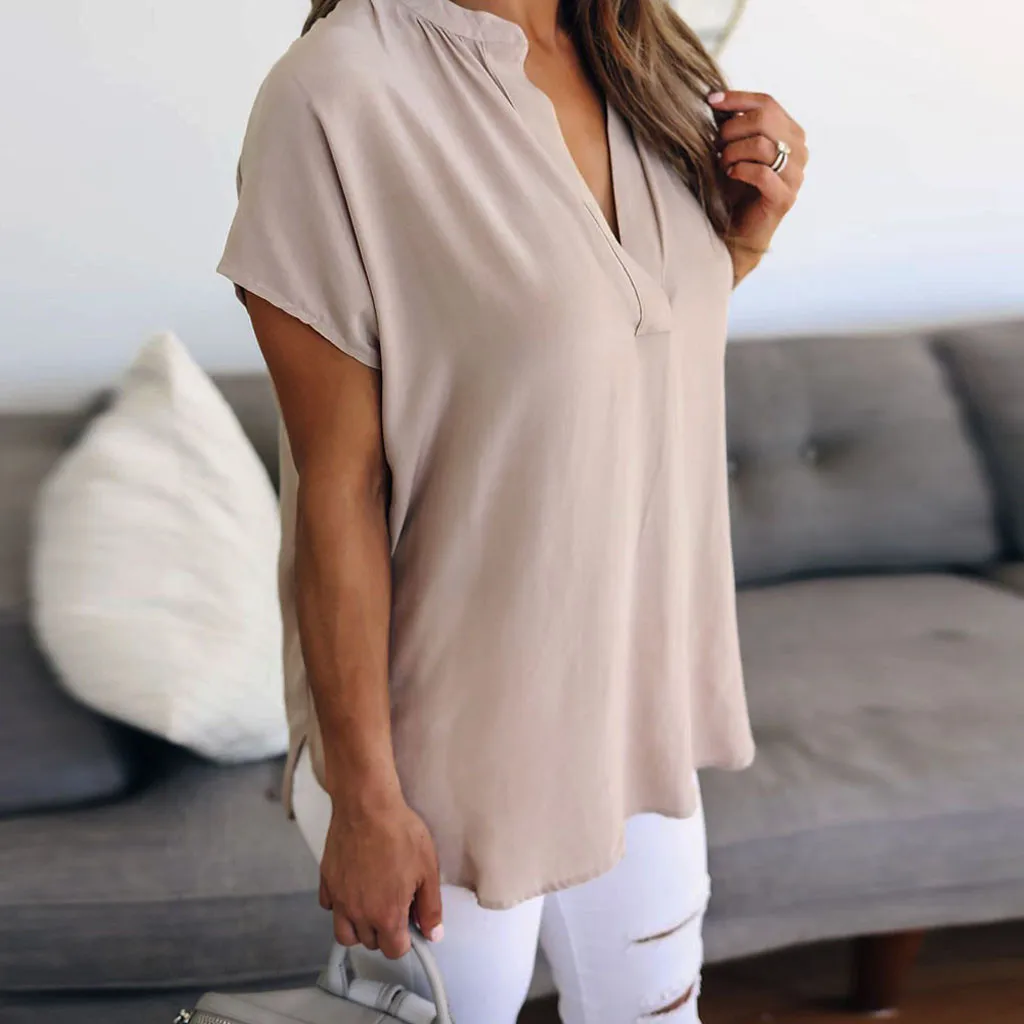 Летняя однотонная шифоновая Женская Сексуальная Повседневная рубашка с v-образным вырезом и коротким рукавом, топы, блузка