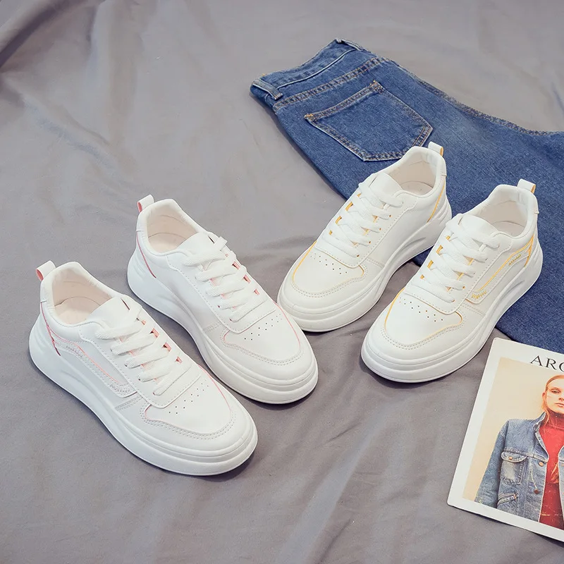 

2020 new spring Women's Vulcanize Shoes Sneakers White Platform comfortable PU Leather Ladies Casual Thick Sole Flats J13-2