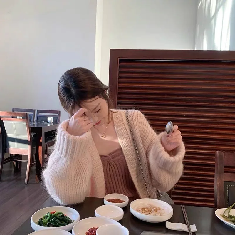 

Syiwidii big-size cardigans of women loose casual coats fashion solid knitted-knit women's clothing 2020 pink beige khaki